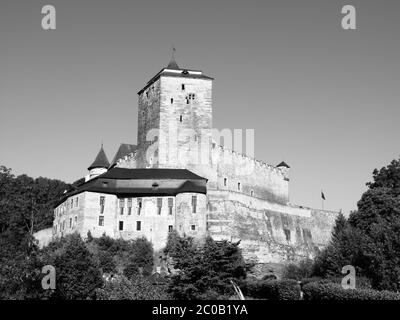Kost castello gotico ceco in paradiso boemo, Repubblica Ceca, immagine in bianco e nero Foto Stock