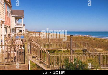 Paesaggio di arte digitale di una fila di ponti in legno e case sulla spiaggia lungo una spiaggia dell'Oceano Atlantico. Foto Stock