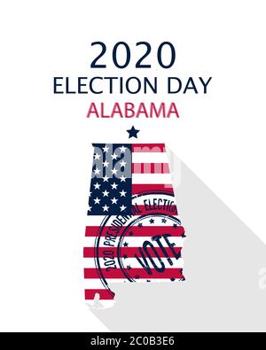 2020 Stati Uniti d'America elezione presidenziale Alabama modello vettore. Bandiera degli Stati Uniti, timbro di voto e silhouette dell'Alabama Illustrazione Vettoriale