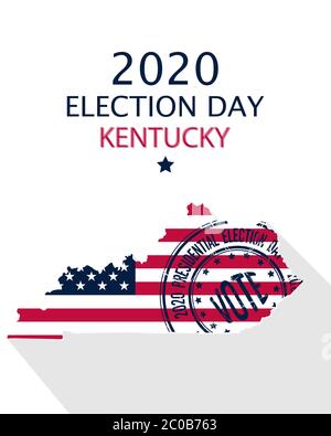 2020 Stati Uniti d'America elezione presidenziale Kentucky modello vettore. Bandiera USA, timbro di voto e silhouette Kentucky Illustrazione Vettoriale
