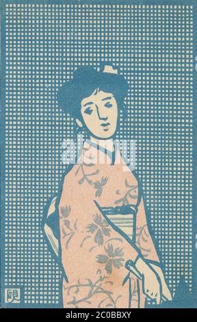 [ 1900 Giappone - Donna in Kimono Rosa ] - Illustrazione di una giovane donna giapponese in un kimono rosa che tiene un ombrellone. Sfondo indaco. Cartolina pubblicata dal Kokkei Shimbun nel 1909 (Meiji 42). La pubblicazione satirica fu fondata nel 1901 (Meiji 34) dal giornalista di Osaka Miyatake Gaikotsu, il cui vero nome era Kameshiro Miyatake. cartolina d'epoca del xx secolo. Foto Stock