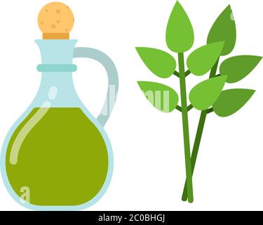 Caraffa di olio d'oliva e vettore di icona piatto foglia di alloro isolato Illustrazione Vettoriale