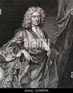 Edward Colston (1636-1721) commerciante e filantropo inglese che ha fatto molto per migliorare la sua città natale di Bristol. Colston è stata coinvolta nella gestione della Royal African Company tra il 1689-92, che ha un monopolio sul trasporto transatlantico e la vendita di schiavi africani nelle Americhe. Incisione di George Verte (1684-1756) pubblicata nel 1722. Foto Stock