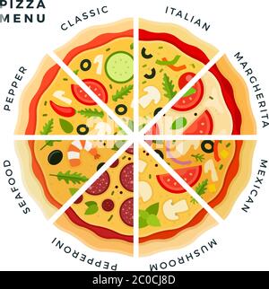 Illustrazione vettoriale di diversi tipi di fette di pizza. Ristorante pizza menu italiano, margarita, messicano, funghi, pepperoni, frutti di mare, pepe Illustrazione Vettoriale