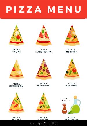 Menu pizza le icone piatte vettoriali sono isolate su bianco. Illustrazione Vettoriale