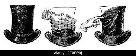 Istruzioni per l'uso del cappello gibus (claque chapeau). Illustrazione del  19 ° secolo. Sfondo bianco Foto stock - Alamy