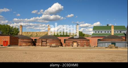 Medicine Hat, Alberta, Canada – 10 giugno 2020: Quattro forni storici di ceramica in mattoni fuori dalla ceramica di Medalta Foto Stock