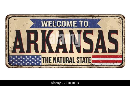 Benvenuti in Arkansas vintage metallo arrugginito segno su uno sfondo bianco, illustrazione vettoriale Illustrazione Vettoriale