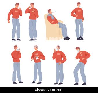 Carattere malato dell'uomo che ha freddo o sintomi influenzali impostati Illustrazione Vettoriale