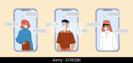 Persone in comunicazione maschera tramite chat video mobile Illustrazione Vettoriale