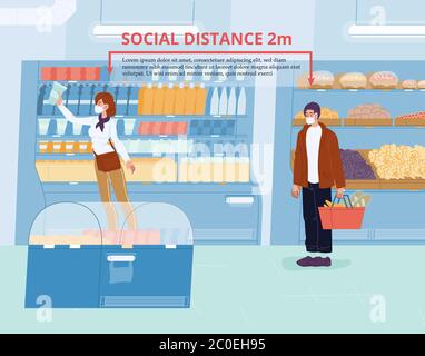 Persone di distanza sociale durante lo shopping in negozio Illustrazione Vettoriale