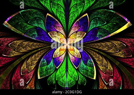 Modello frattale simmetrico multicolore come fiore o farfalla in stile vetrata. Su nero. Grap generato dal computer Foto Stock