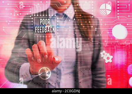 Il segno di testo mostra un feedback insufficiente. Testo foto aziendale valutazione a basso livello fornita al prodotto e al servizio offerti Foto Stock