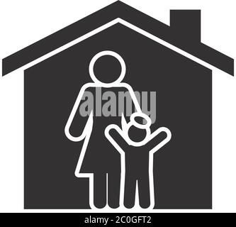 casa con pittogramma donna e ragazzo su sfondo bianco, silhouette stile, illustrazione vettoriale Illustrazione Vettoriale