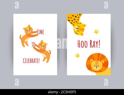 Biglietti d'auguri con animali allegri. Carte colorate per festeggiare con cuccioli, leopardi e leoni. Illustrazione vettoriale in stile piatto Illustrazione Vettoriale