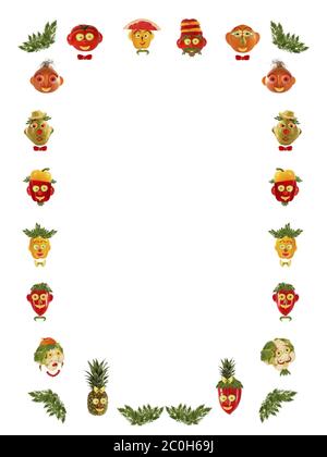 Facce diverse, fatte di verdure e frutta - cornice. Foto Stock
