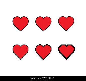 Set di icone cardiache con pixel. Bassa risoluzione. Design vettoriale per giochi. Illustrazione isolata dei cuori da pixel a tratto. Elemento grafico del movimento. Basso Illustrazione Vettoriale