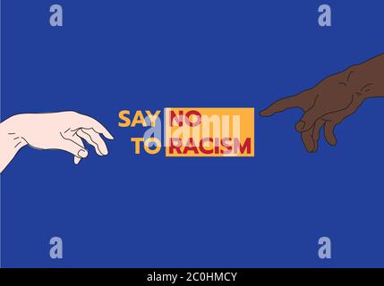 Concetto di vettore di razzismo. Mano afroamericana colorata e mano bianca che indica le parole - dire No al razzismo Illustrazione Vettoriale