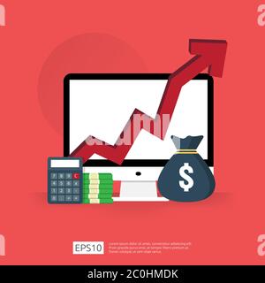 costo spese aumento con freccia crescente up diagramma di crescita. business cash riduzione concetto. investimenti crescita progresso con computer e calcolo Illustrazione Vettoriale