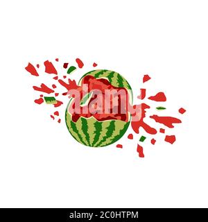 Rotto schiantato fracassato cocomero su sfondo bianco. Anguria fratturata vettoriale. Spruzzi di anguria. Illustrazione isolata della frutta tropicale. Verde e. Illustrazione Vettoriale