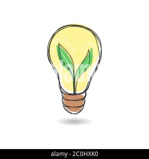Lampadina. Illustrazione dello schizzo disegnata a mano isolata su sfondo bianco. Concetto di ecologia. Green eco Energy Concept, pianta che cresce all'interno Illustrazione Vettoriale