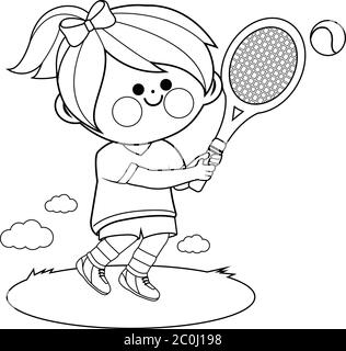 Ragazza che gioca a tennis. Pagina vettoriale in bianco e nero Illustrazione Vettoriale