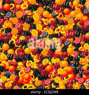 Anelli Balls Poker Chips dadi e monete su Black Illustrazione Vettoriale