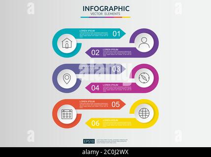 Infografica a 6 fasi. Modello di progettazione timeline con etichetta cartacea 3D, cerchi integrati. Concetto aziendale con opzioni. Per contenuto, diagramma, diagramma di flusso Illustrazione Vettoriale