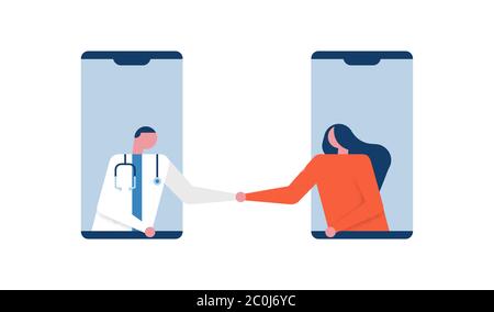 Consulenza medica online o concetto di controllo virtuale, operatore sanitario che fa stretta di mano con il paziente attraverso lo schermo dell'app smartphone su bac bianco isolato Illustrazione Vettoriale