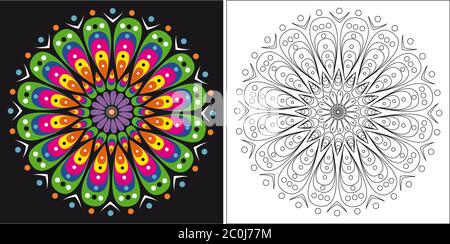 Modello per libro da colorare per adulti e bambini. Carino mandala cartoon vettore fiore Illustrazione Vettoriale