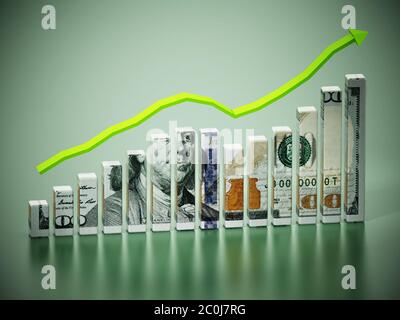 Barre del dollaro e freccia ascendente. Illustrazione 3D. Foto Stock