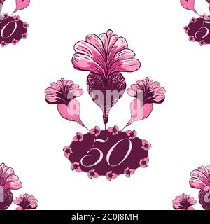 Fifthieth celebrazione floreale cornice senza cuciture motivo sfondo. Splendido sfondo di fiori rosa pittorici e cornice ovale con numero. Disegnata a mano Illustrazione Vettoriale