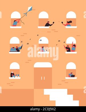 Persone all'interno della finestra balcone appartamento per la dimensione sociale o concetto di quarantena. Città di stile di vita sfondo con diversi uomini e donne fare f Illustrazione Vettoriale