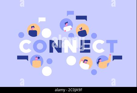 Illustrazione della connessione al social network con bolle di chat. Connetti il concetto di citazione di testo, cartone animato piatto moderno di persone gruppo di amici su un'app di messaggi online Illustrazione Vettoriale