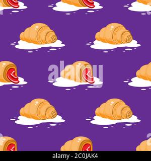 Motivo senza cuciture con croissant su sfondo viola. Immagine vettoriale Illustrazione Vettoriale