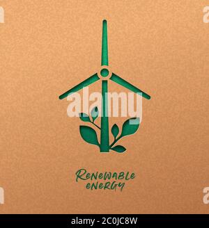 Energia rinnovabile papercut illustrazione con icona verde turbina mulino e foglia di pianta. Elettricità da mulino a vento ecocompatibile, concetto di taglio 3d in riciclo Illustrazione Vettoriale