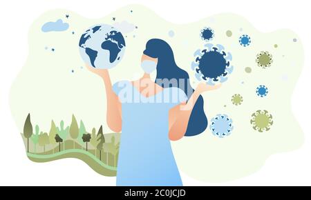 Donna che tiene il globo in una mano e Coronavirus in un'altra. Pensando al nostro futuro. L'epidemia di Covid-19 è il nostro mondo. Sicurezza. Illustrazione vettoriale piatta Illustrazione Vettoriale