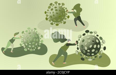 Persone che si allontanano e combattono contro il coronavirus. Illustrazione del concetto di epidemia pandemica. Concetto verde di Covid-19 tempo. Disegno vettoriale. Illustrazione Vettoriale