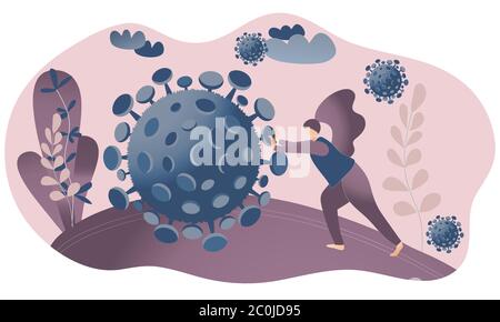 La donna sta appoggiandosi al coronavirus e spingendolo via. Illustrazione del concetto di Fight Covid-19. Rimani sicuro e fai attenzione in caso di pandemia. Blu astratto Illustrazione Vettoriale