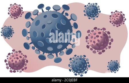 Coronavirus Covid-19 sfondo simbolo. Vista microscopica delle cellule del virus da vicino. Sfondo con cellule virali blu e viola. Illustrazione vettoriale. Illustrazione Vettoriale