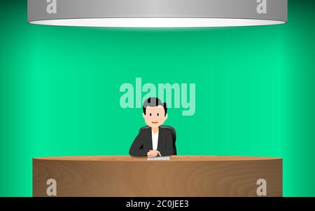 emittente sul tavolo di legno in studio di notizie con sfondo verde Illustrazione Vettoriale