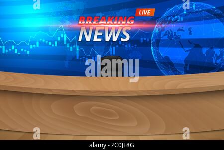 tavolo in legno e ultime notizie su lcd sfondo nella sala studio notizie Illustrazione Vettoriale