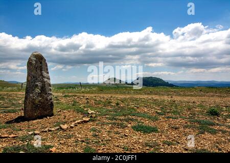 menhir Neolitico, les Bondons, UNESCO patrimonio mondiale, Cévennes parco nazionale, dipartimento Lozere, Occitanie, Francia Foto Stock