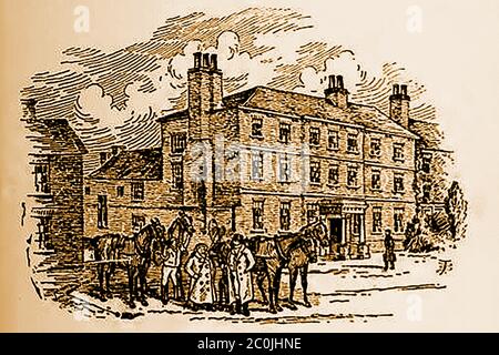 Un vecchio schizzo delle tre tuna Inn, Thirsk, Yorkshire durante l'era del coaching. La signora Alice Cass ha tenuto i tre Tuns per un certo numero di anni, in un momento in cui ha goduto del vantaggio di essere l'unica casa di addestramento a Thirsk, e quando non soltanto i pullman di Londra, Edimburgo e Newcastle sono stati horsed là, ma i Leeds, Darlington, e altri pullman partirono da questa locanda. Foto Stock