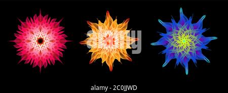 Astratto 3d psichedelico forma di fiore impostato su sfondo isolato. Collezione di illustrazioni moderne di mandala a geometria sacra ondulata o design tecnologico. Illustrazione Vettoriale
