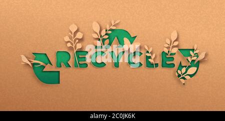 Ricicla citazione illustrazione di papercut con foglia di pianta e gli animali di uccello. Testo di riciclaggio ecocompatibile, concetto di ciclo di rifiuti riutilizzati. ritaglio 3d in pa riciclato Illustrazione Vettoriale