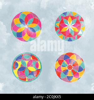 Set astratto di decorazioni a mosaico con motivi floreali o mandala indiani con cerchio di fiori colorato e texture acquerello alla moda su sfondo isolato. Illustrazione Vettoriale