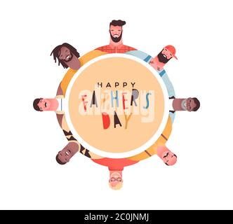 Felice biglietto di auguri del giorno del Padre illustrazione di diversi gruppi di persone papà. Circolo moderno del team dei padri con una speciale citazione di testo per le vacanze in famiglia. Illustrazione Vettoriale