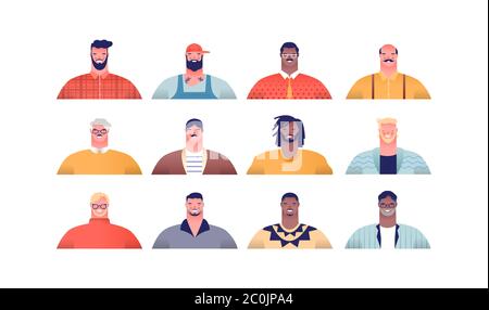 Gruppo di uomini diversi su sfondo bianco isolato. Collezione moderna di personaggi cartoni animati di uomini adulti per il concetto padre o progetto sociale. Illustrazione Vettoriale