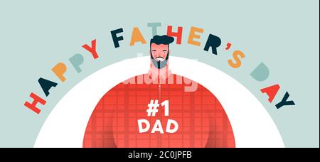 Happy Father's Day banner illustrazione di padre in colorato stile cartoon con speciale messaggio vacanza famiglia e numero uno citazione di testo papà. Illustrazione Vettoriale